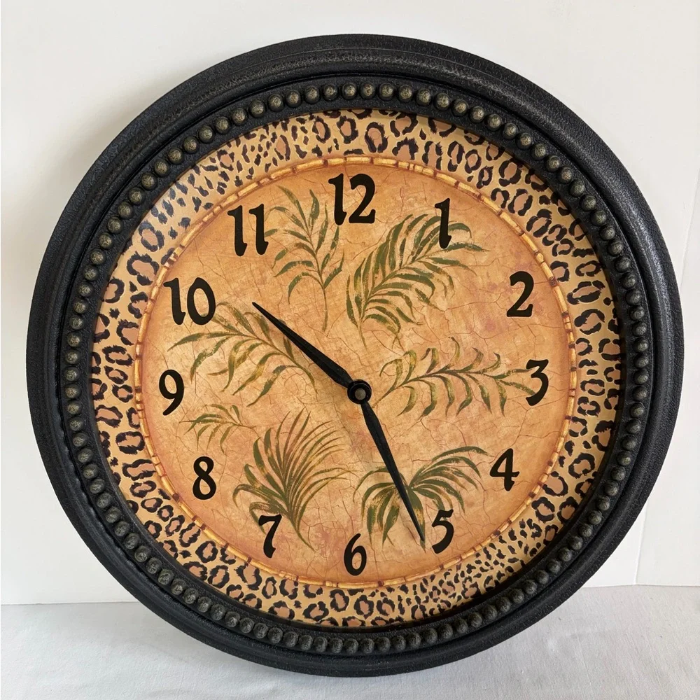 Home Interiors Wall Clock Palm Tree Leaves Cheetah Leopard Safari Jungle RARE VG